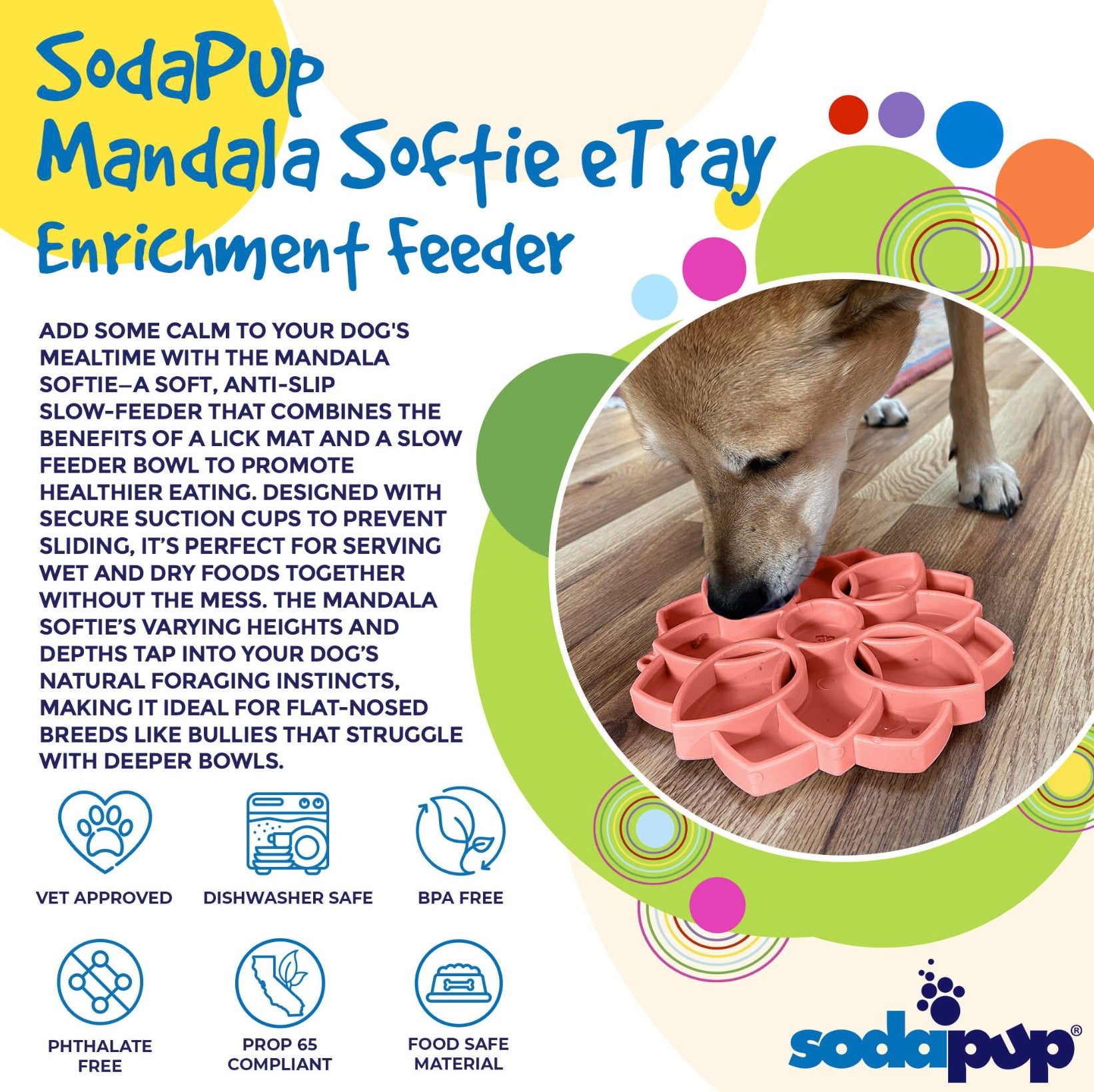 Mandala Softie eTray Enrichment Shallow Slow Feeder Dog Bowl with Suction Cups